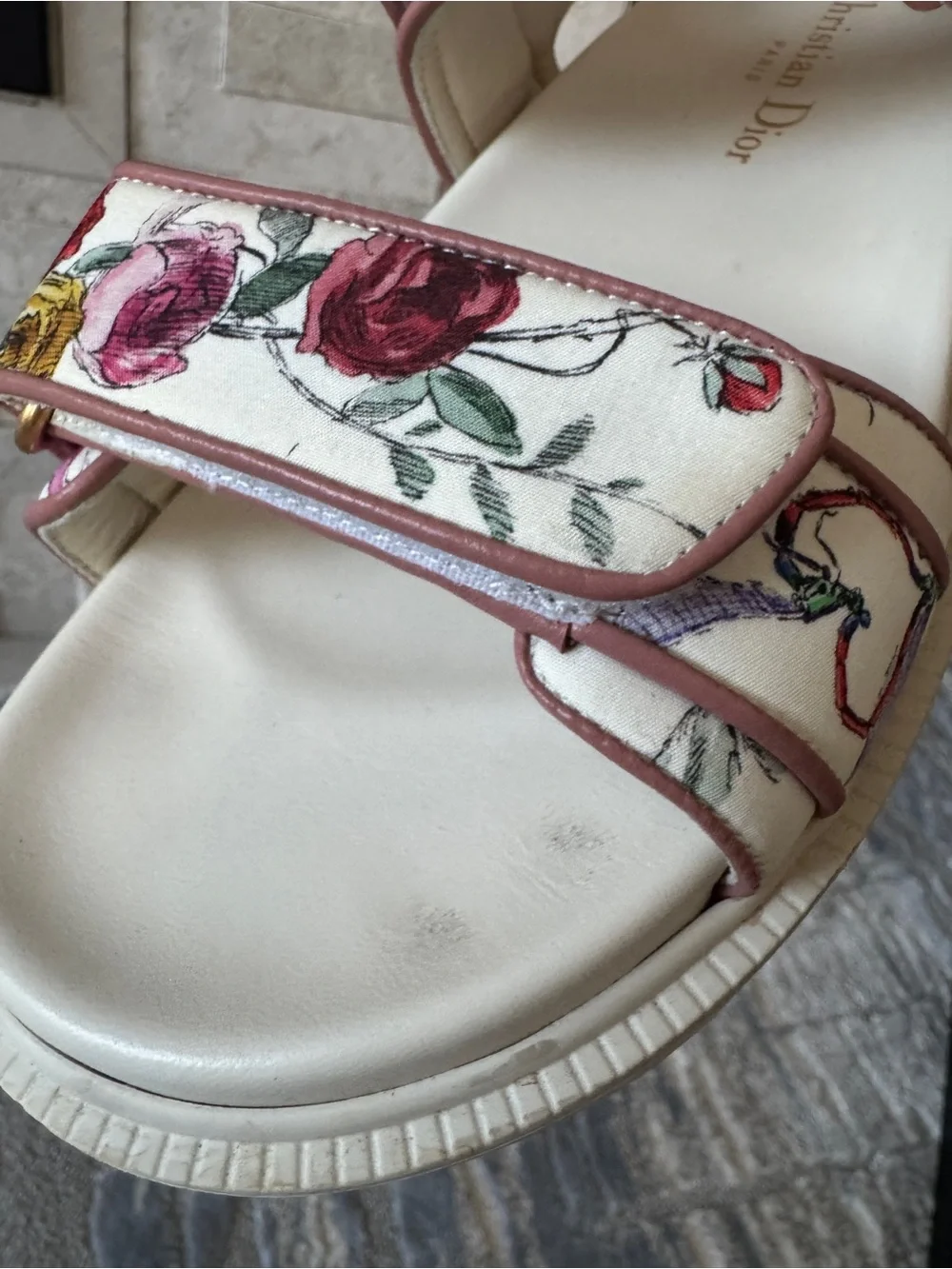 Dior Cream & Pink Floral DiorAct Dad Sandals - Gold Hardware